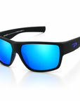 Peppers Big Kahuna sunglasses in Matte Black Frame with Blue Mirror Lens, three-quarter view on white