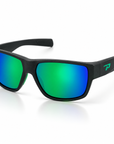 Peppers Big Kahuna sunglasses in Dark Grey with Green Diamond Mirror lens, three-quarter view on white
