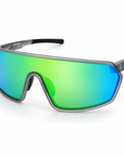 Peppers Cool Driver sunglasses in Matte Grey Frame with Green Revo Lens, three-quarter view on white