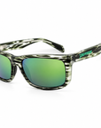 Peppers Daybreak sunglasses in Shiny Green Striped Tort Frame with Green Mirror Lens, three-quarter view on white