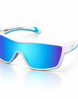 Peppers Enzo sunglasses in Shiny White Frame with Blue Diamond Mirror Lens, three-quarter view on white