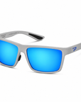 Peppers Hammerhead sunglasses in Metallic Silver Frame with Blue Revo Mirror Lens, three-quarter view on white