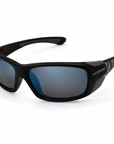 Peppers Kickball (Kids) sunglasses in Black/Snow Camo with Blue Mirror, three-quarter view on white