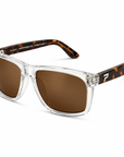 Peppers Lehua sunglasses in Crystal Frame with Tort Temples and Brown Lens, three-quarter view on white