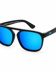 Peppers Milano sunglasses in Shiny Black Frame with Blue Mirror Lens, three-quarter view on white