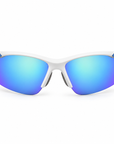 Peppers Ricochet sunglasses in Matte White / Blue Frame with Blue Diamond Mirror Lens, front view on white
