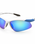 Peppers Ricochet sunglasses in Matte White / Blue Frame with Blue Diamond Mirror Lens, three-quarter view on white