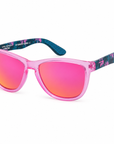 Peppers Sailfish sunglasses in Shiny Pink with Blue Pattern Temples with Pink Mirror Lens, three-quarter view on white