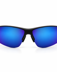 Peppers Three Wood sunglasses in Matte Black Frame with Blue Revo PC Lens, front view on white