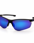 Peppers Three Wood sunglasses in Matte Black Frame with Blue Revo PC Lens, three-quarter view on white
