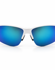 Peppers Three Wood sunglasses in Matte White Frame with Green Revo PC Lens, front view on white