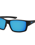 Peppers Whaler sunglasses in Matte Black Frame with Blue Diamond Mirror Lens, three-quarter view on white