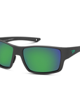 Peppers Whaler sunglasses in Dark Gunmetal Frame with Green Diamond Mirror Lens, three-quarter view on white