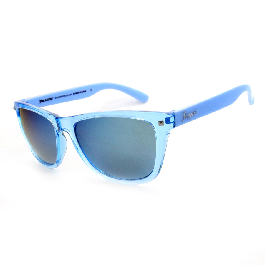 spitfire sunglasses crystal light blue shiny light blue temples with brown polarized ice blue mirror lens