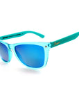 spitfire sunglasses crystal aqua shiny aqua temples with brown polarized ice blue mirror lens