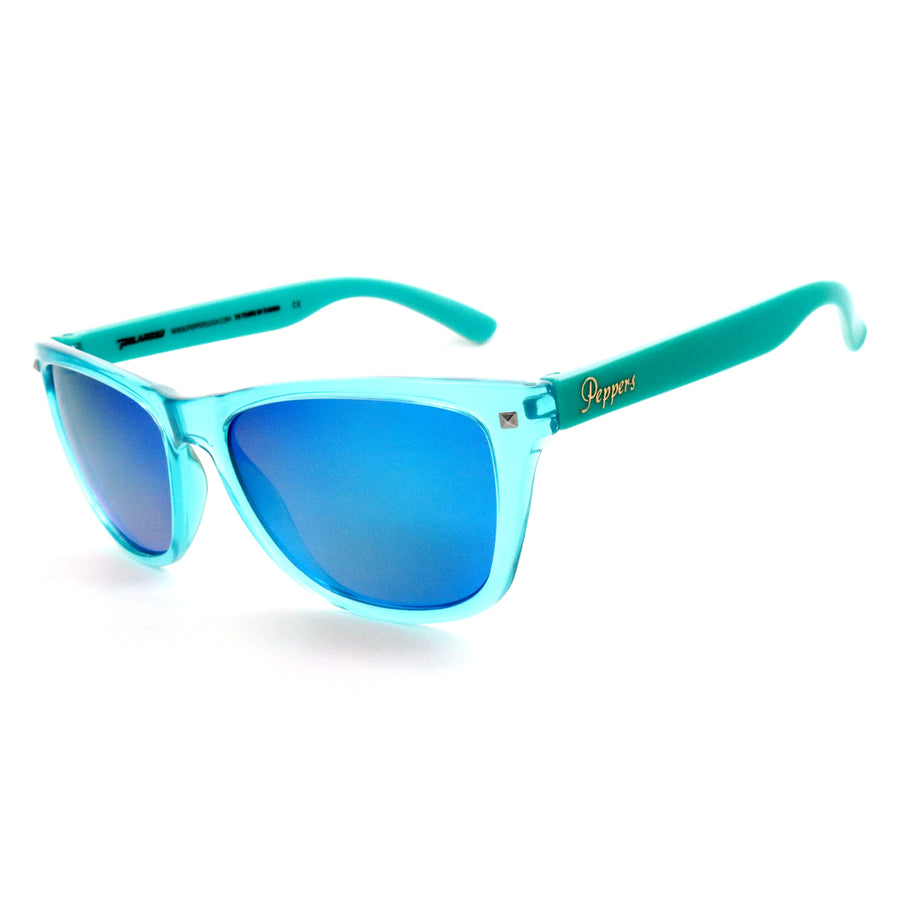 spitfire sunglasses crystal aqua shiny aqua temples with brown polarized ice blue mirror lens