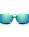 Peppers Anchor sunglasses in Shiny Crystal Grey Frame with Smoke Emerald Green Mirror Lens, front view on white