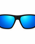 Peppers Big Kahuna sunglasses in Matte Black Frame with Blue Mirror Lens, front view on white