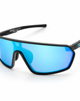 Peppers Cool Driver sunglasses in Matte Black Frame with Blue Revo Mirror, three-quarter view on white