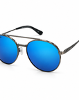 Peppers Django sunglasses in Shiny Dark Antique Silver Frame with Blue Mirror Lens, three-quarter view on white