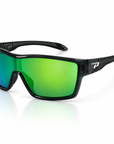 Peppers Enzo sunglasses in Smoke Crystal Frame with Green Diamond Mirror Lens, three-quarter view on white