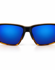 Peppers Islander sunglasses in Matte Black to Tort Frame with Blue Diamond Mirror Lens, front view on white