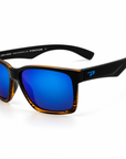 Peppers Islander sunglasses in Matte Black to Tort Frame with Blue Diamond Mirror Lens, three-quarter view on white