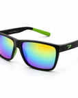 Peppers Low Rider sunglasses in Matte Black Frame with Green Revo Lens, three-quarter view on white