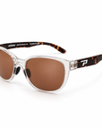 Peppers Mermaid sunglasses in Shiny Crystal / Tort Temples with Silver Mirror lens, three-quarter view on white