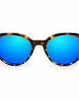 Peppers Mermaid sunglasses in Shiny Honey Tort with Blue Diamond Mirror lens, front view on white