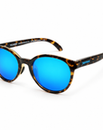 Peppers Mermaid sunglasses in Shiny Honey Tort with Blue Diamond Mirror lens, three-quarter view on white