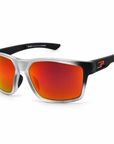 Peppers Mountain Madness sunglasses in Matte Crystal Clear to Black Fade Frame with Red Diamond Mirror Lens, three-quarter view on white
