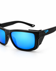 Peppers Sea Dweller 2.0 sunglasses in Matte Black Frame with Blue Revo Lens, three-quarter view on white