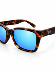 Peppers Seawitch sunglasses in Matte Black to Tort with Blue Revo lens, three-quarter view on white