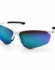 Peppers Three Wood sunglasses in Matte White Frame with Green Revo PC Lens, three-quarter view on white