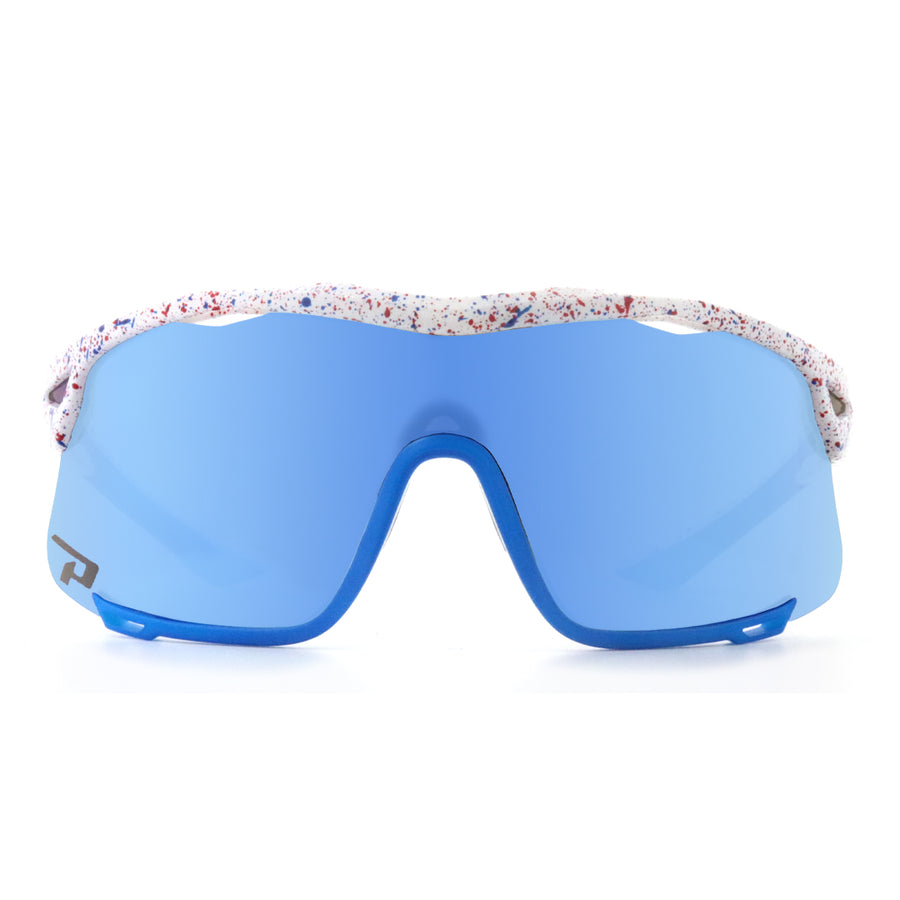 shreddator sunglasses white splatter paint with blue mirror