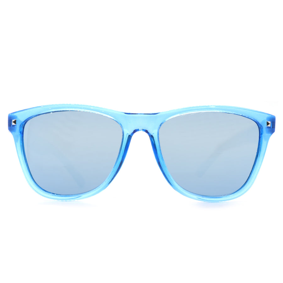 spitfire sunglasses crystal light blue shiny light blue temples with brown polarized ice blue mirror lens