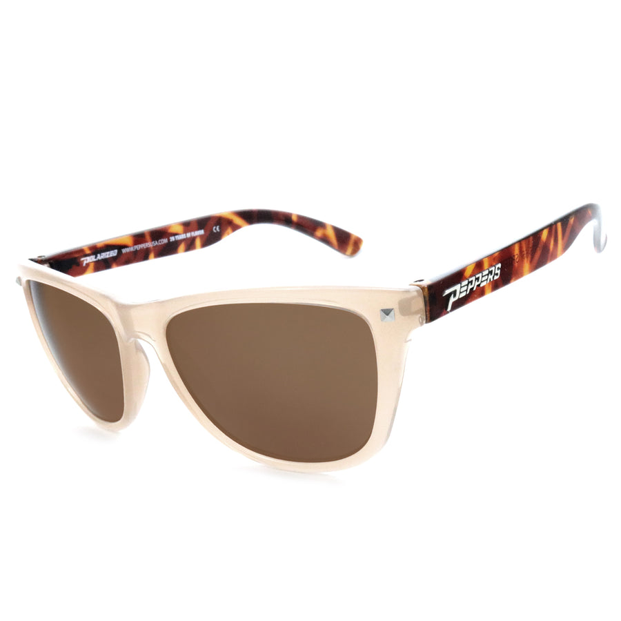 spitfire sunglasses milky caramel tortoise temples with brown polarized silver flash mirror lens